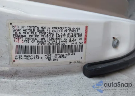 1999 Toyota Camry Le V6 from USA, damaged, VIN JT2BF28K9X0211337